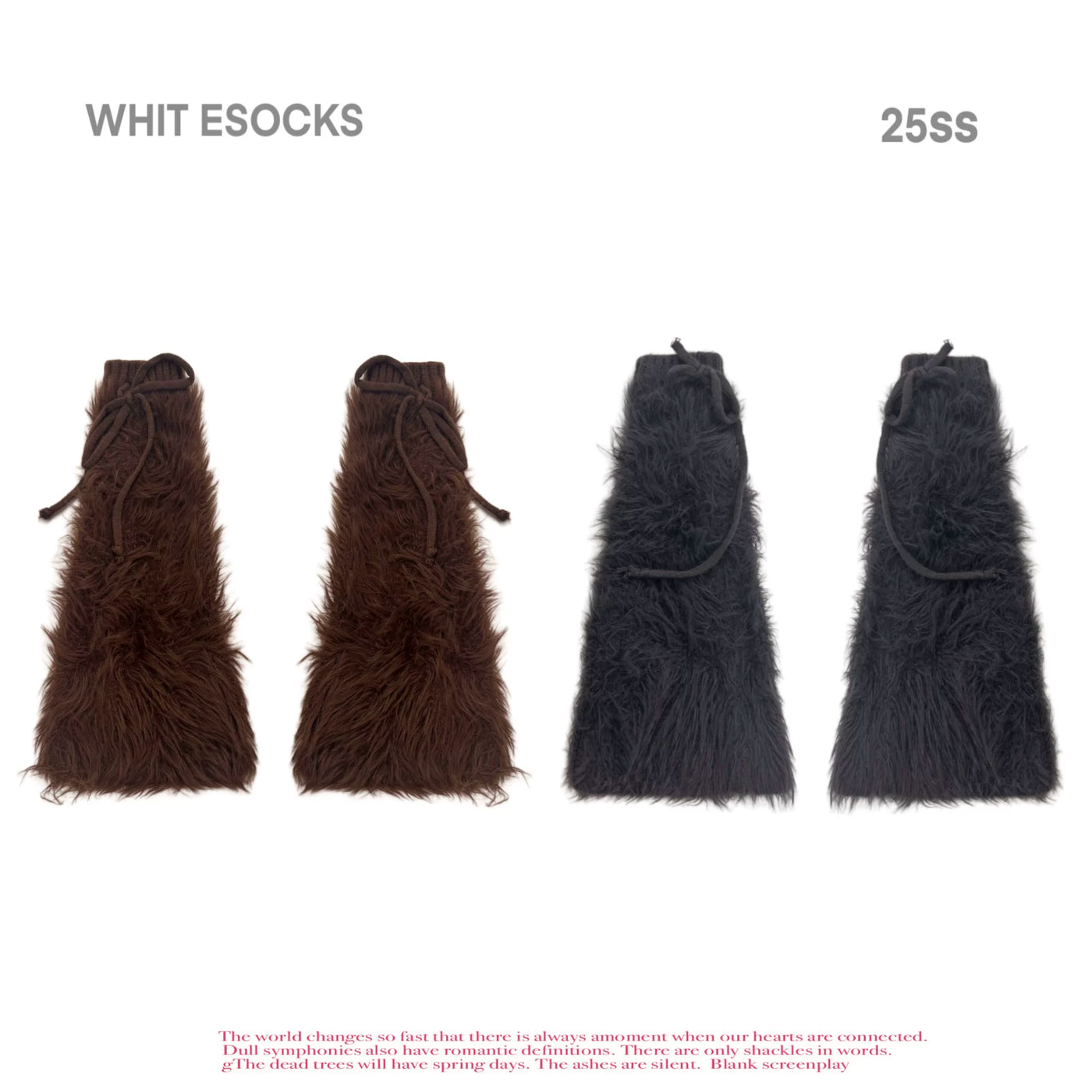 Brown and dark gray faux-mink leg warmers with tie ribbons shown as colour options.