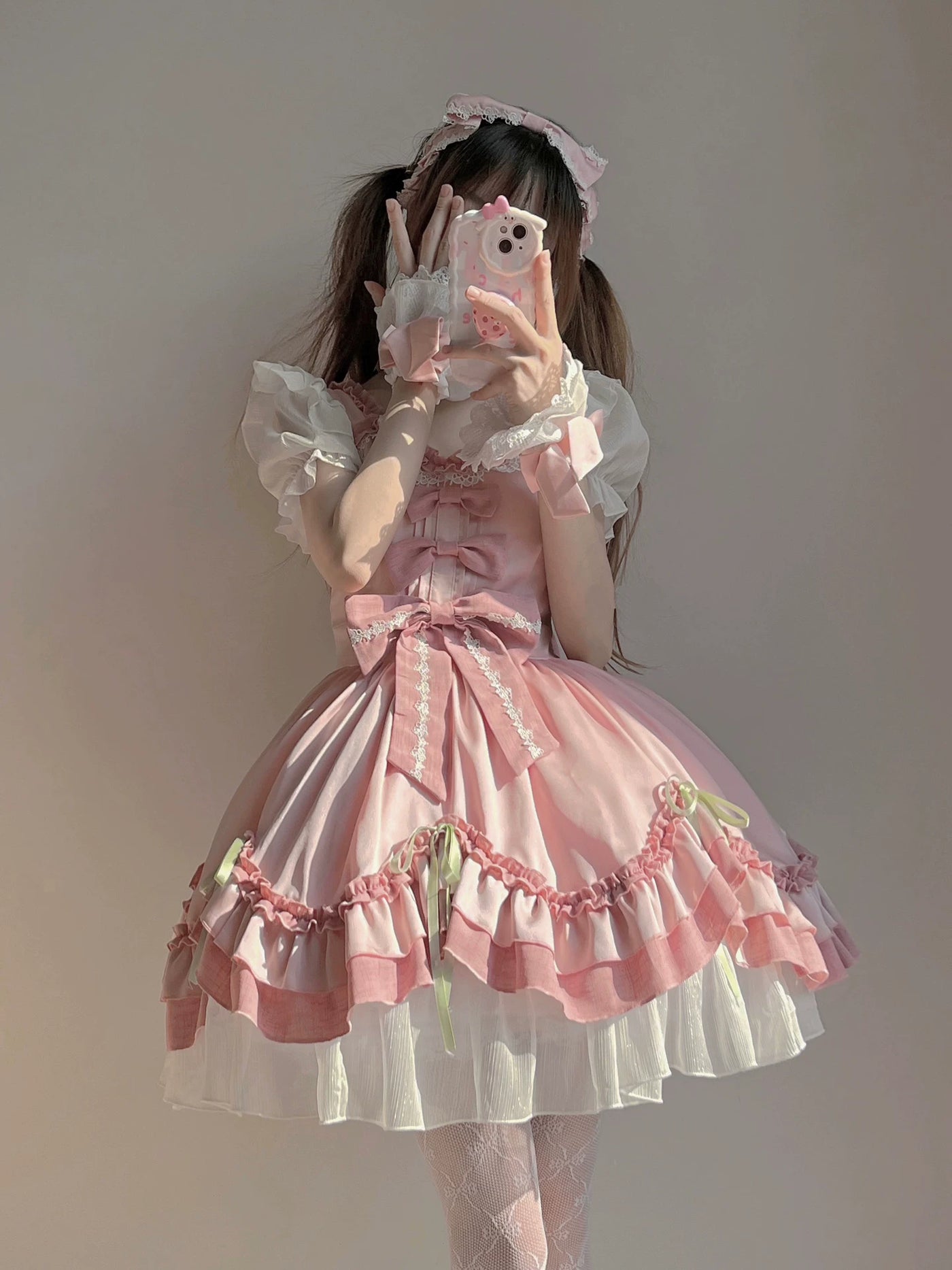 Creamy - Pink Princess - Pink OP dress with white puff sleeves and layered bows