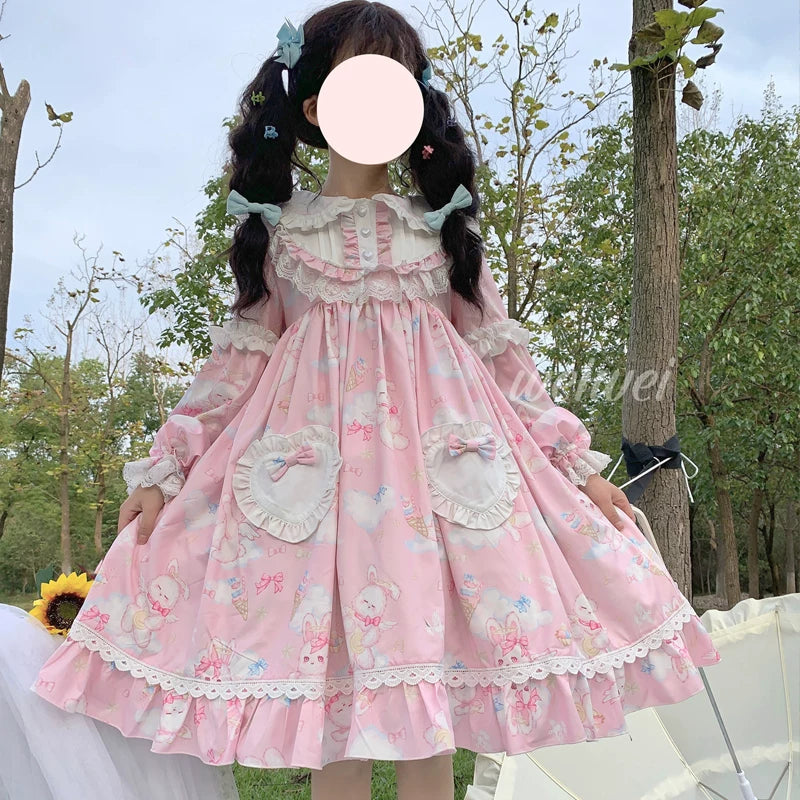 Lady Han Soft Sweet Bunny Lolita dress featuring pastel colors, bunny print, and lace details, styled with a bow and ruffled hem.