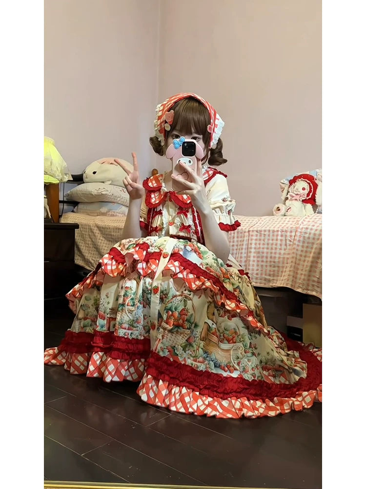 Dream Bunny - December Strawberry Field - Strawberry-Print One-Piece Dress with Red Gingham Ruffles