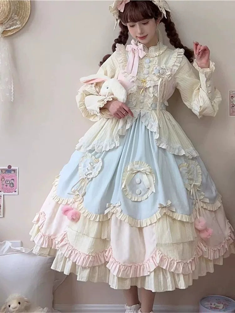 Tianxin Dreamscape - Mianmian Macaron - Solid-Colour OP Dress with Layered Lace Trim