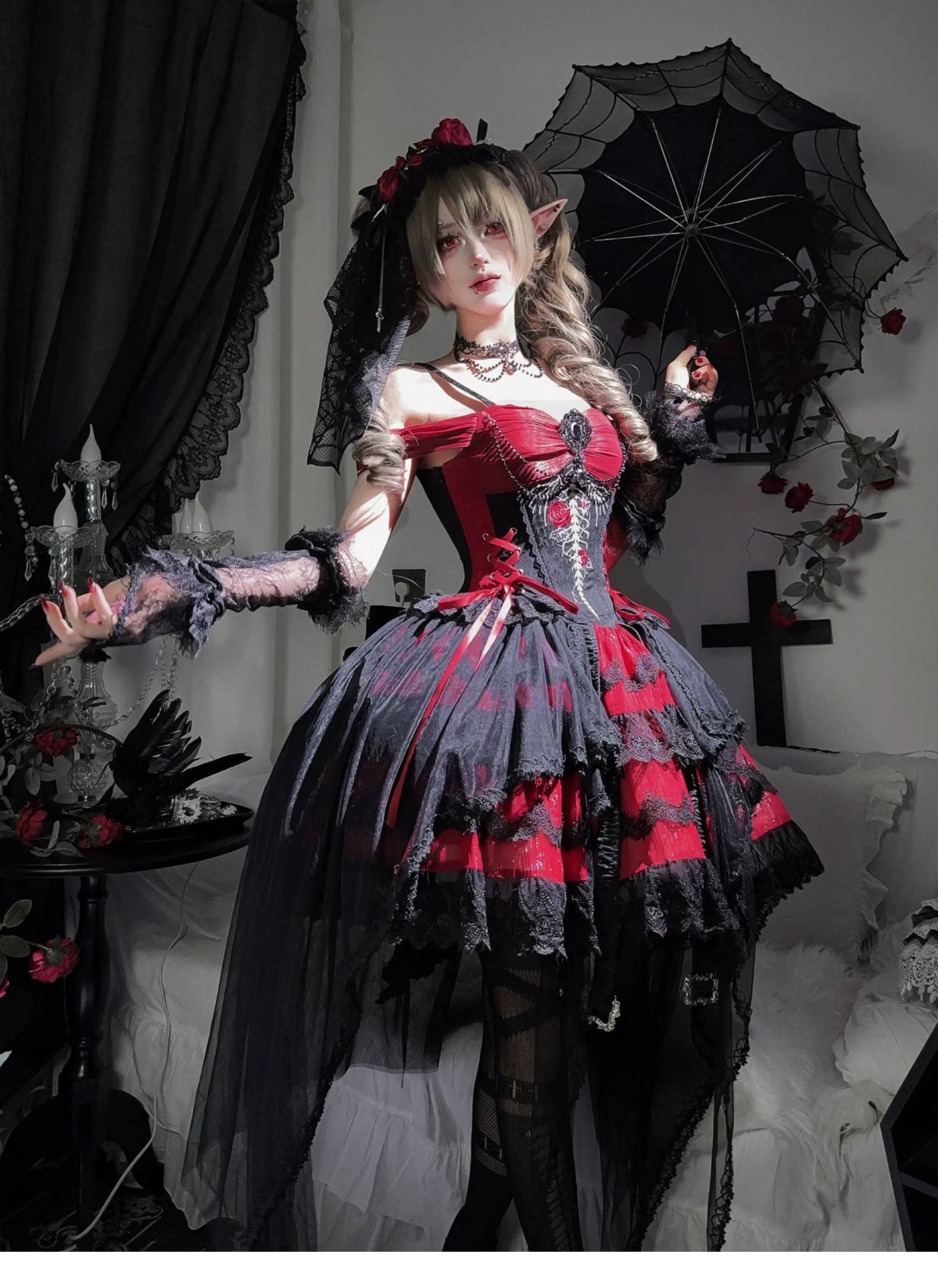 Letters from Unknown Star - Eternal Thorn of the Dragonbone - Embroidered Gothic Lolita JSK Dress, Off-Shoulder