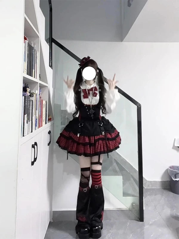 Creamy - Rock Idol - Lolita Fashion Set with a Black Vest and Red Plaid Half Skirt