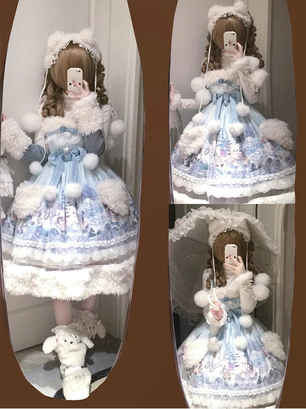 Light blue Sweet Lolita JSK set with fluffy white trim and winter print