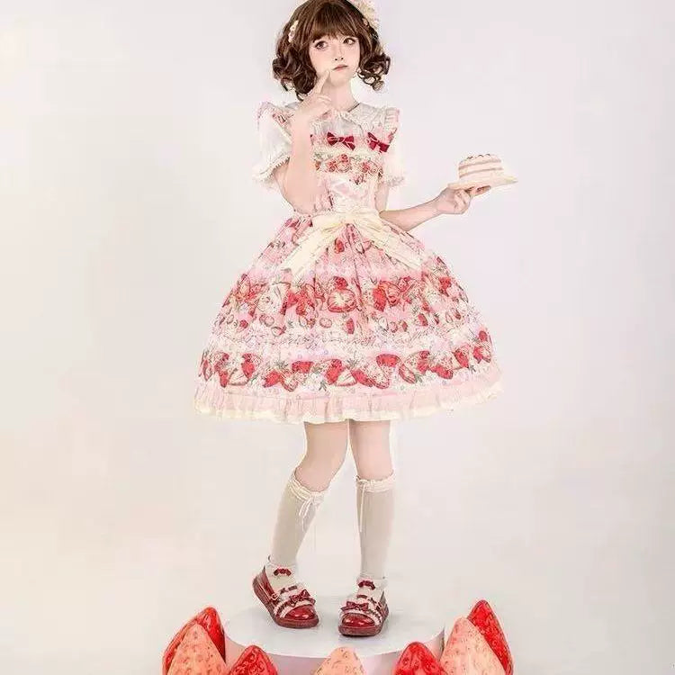 Sweetheart Dream Machine - Strawberry Flower Bud - Lolita jumper skirt with a strawberry print and tiered ruffles