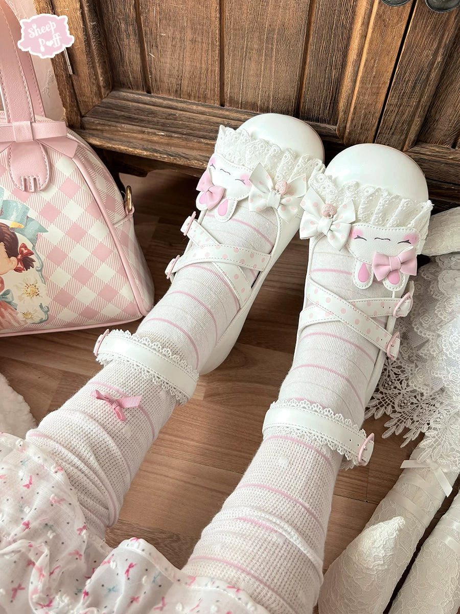 Sheep Puff Shy Bunny Lolita Shoes featuring cute bunny and sheep puff details in pastel colors, perfect for stylish Lolita fashion.