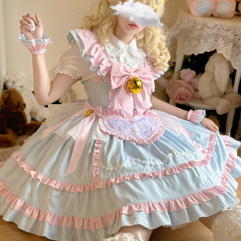 Lady Han Sweet Chef Maid JSK dress by Lolita Fetch featuring a charming pink and white maid-themed design with ruffled accents.