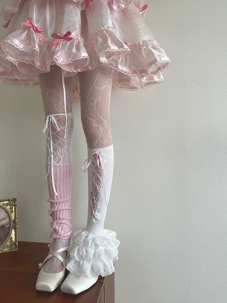 Sock Noble - Layered Y2K Legwear - Pink fishnet tights with strap-detail slouch socks