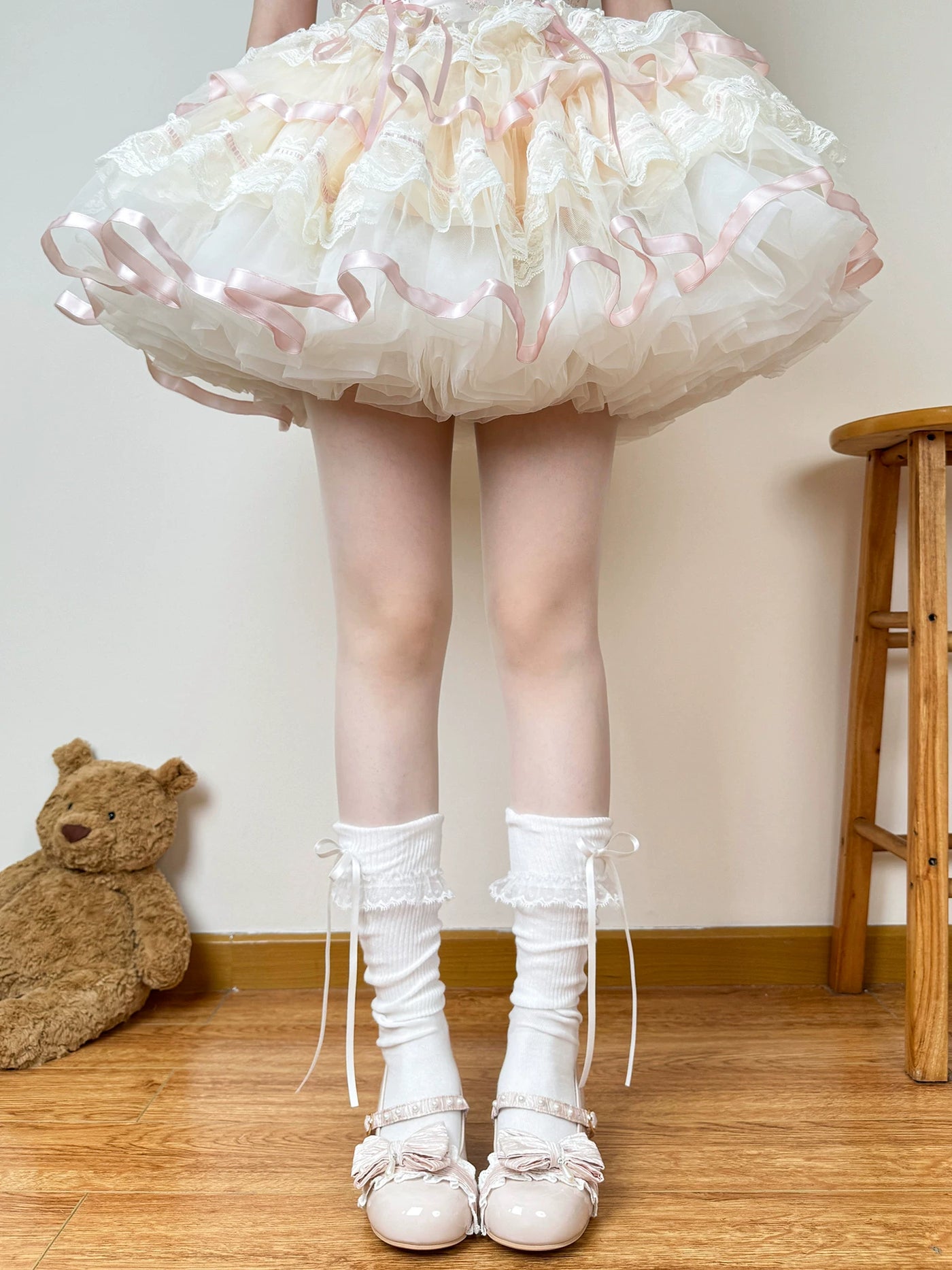 Chubby Bear Tales - Cream Ballet - Lightweight Calf Scrunch Socks with Lace Cuffs