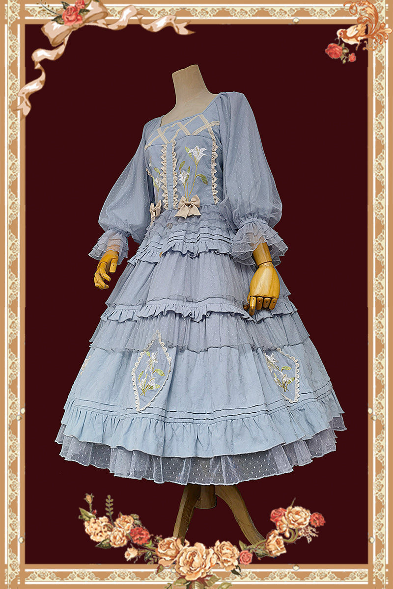 Melaleuca Lily - Embroidery Country Lolita Blouse and Skirt M blue set blue net yarn