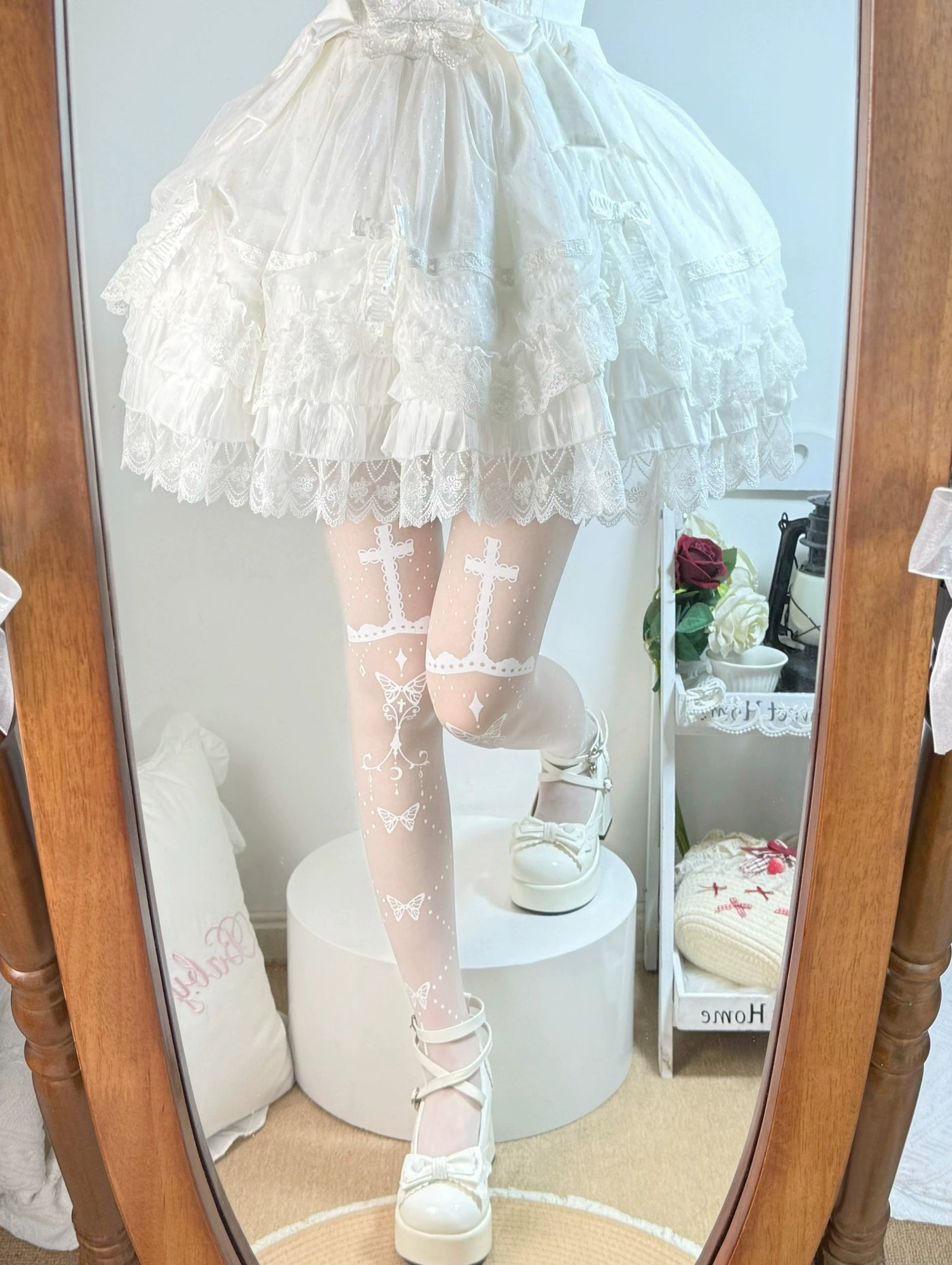 Fantasy Doll - Butterfly Prayer Cross - Printed Pantyhose with Butterfly and Cross Motifs