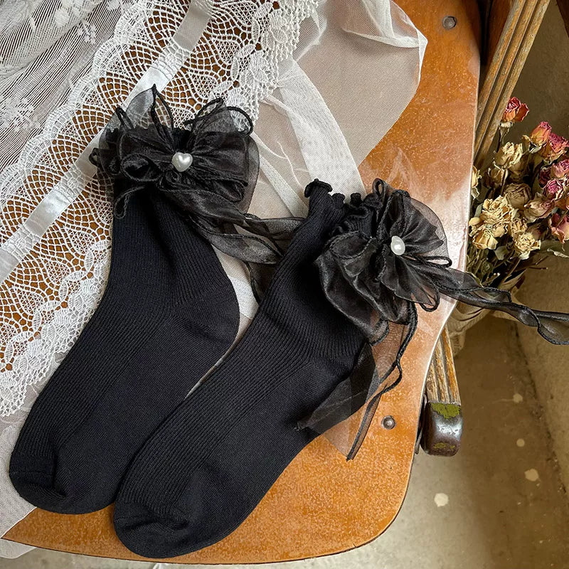 Sock Noble - Heart Bow - Sheer-Bow Ankle Socks with Heart Detail