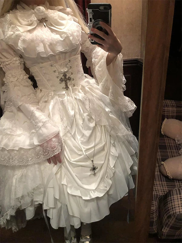 Creamy - White Gothic - White Lolita dress set with hime sleeves