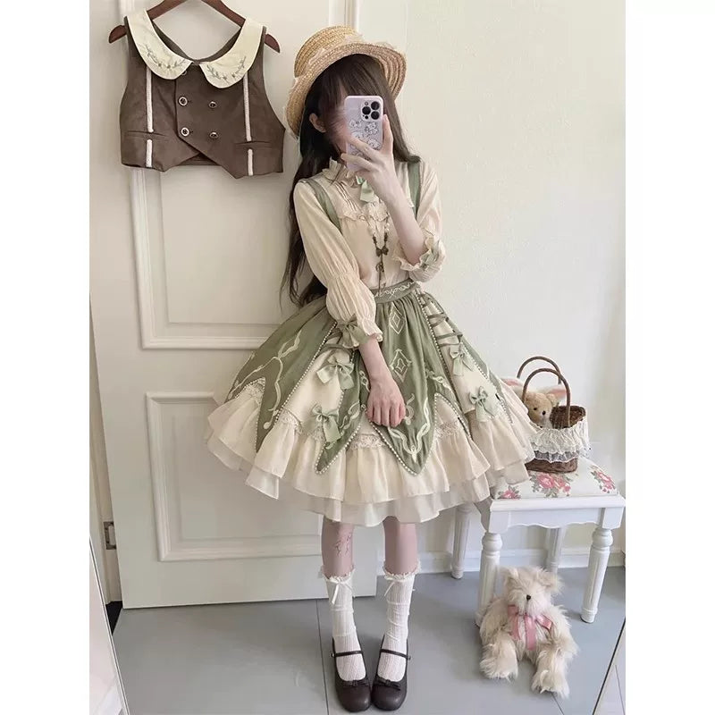 Creamy - Pastoral Garden - Vest, Shirt and Short Skirt Set with Green Panelled Skirt