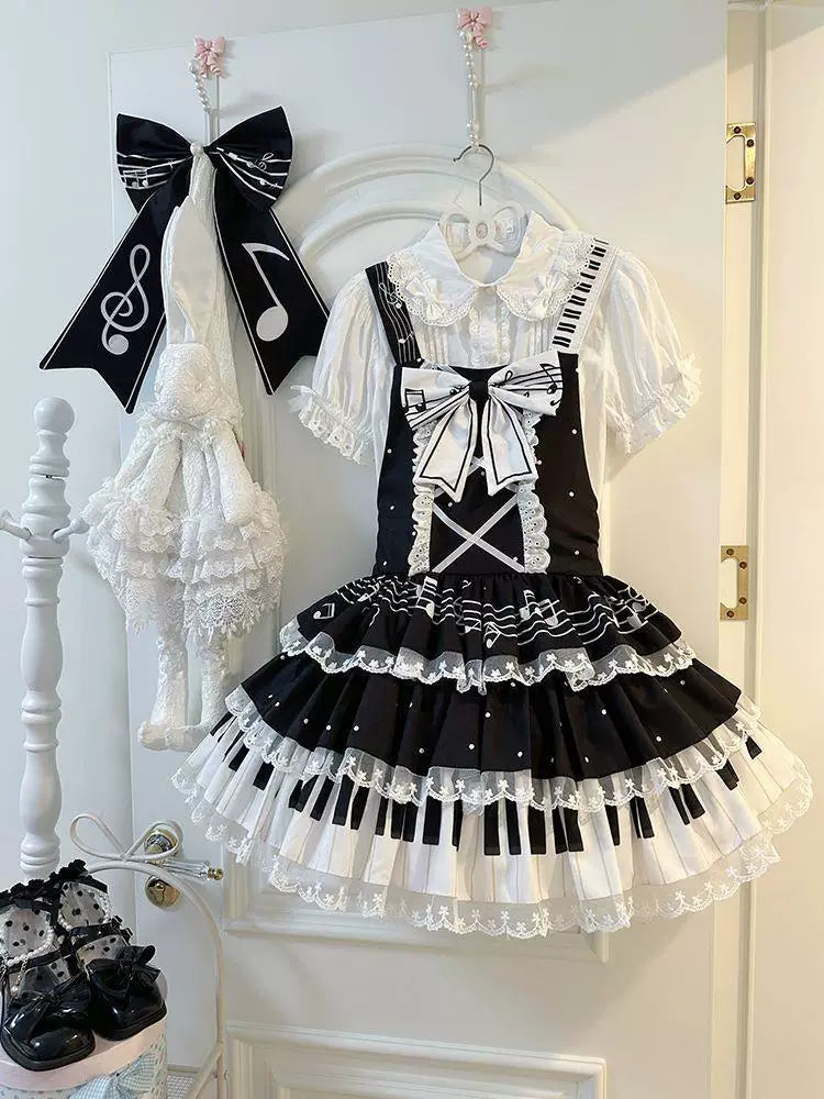 Sweetheart Dream Machine - Vintage Music - Black-and-White JSK Dress with Piano-Key Bands