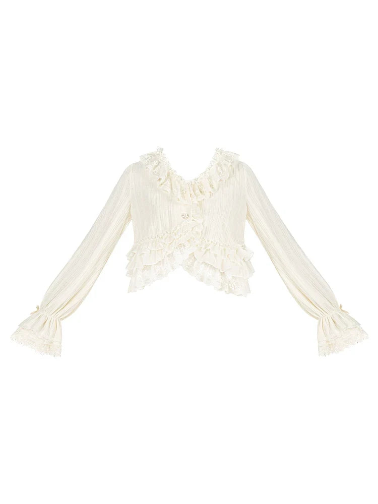 Bloom Period - Elegant Lolita Bolero, Layered Lace Ruffles Beige Bolero S