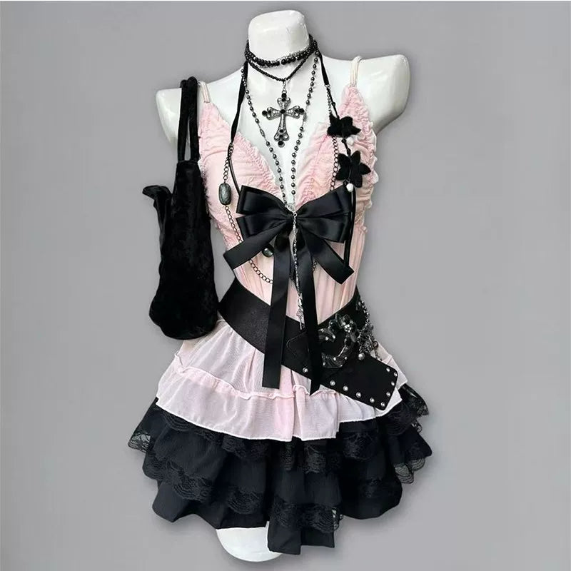 Creamy - Vintage Subculture - Cardigan, Vest and Half-Skirt Three-Piece Set with Lace Bows