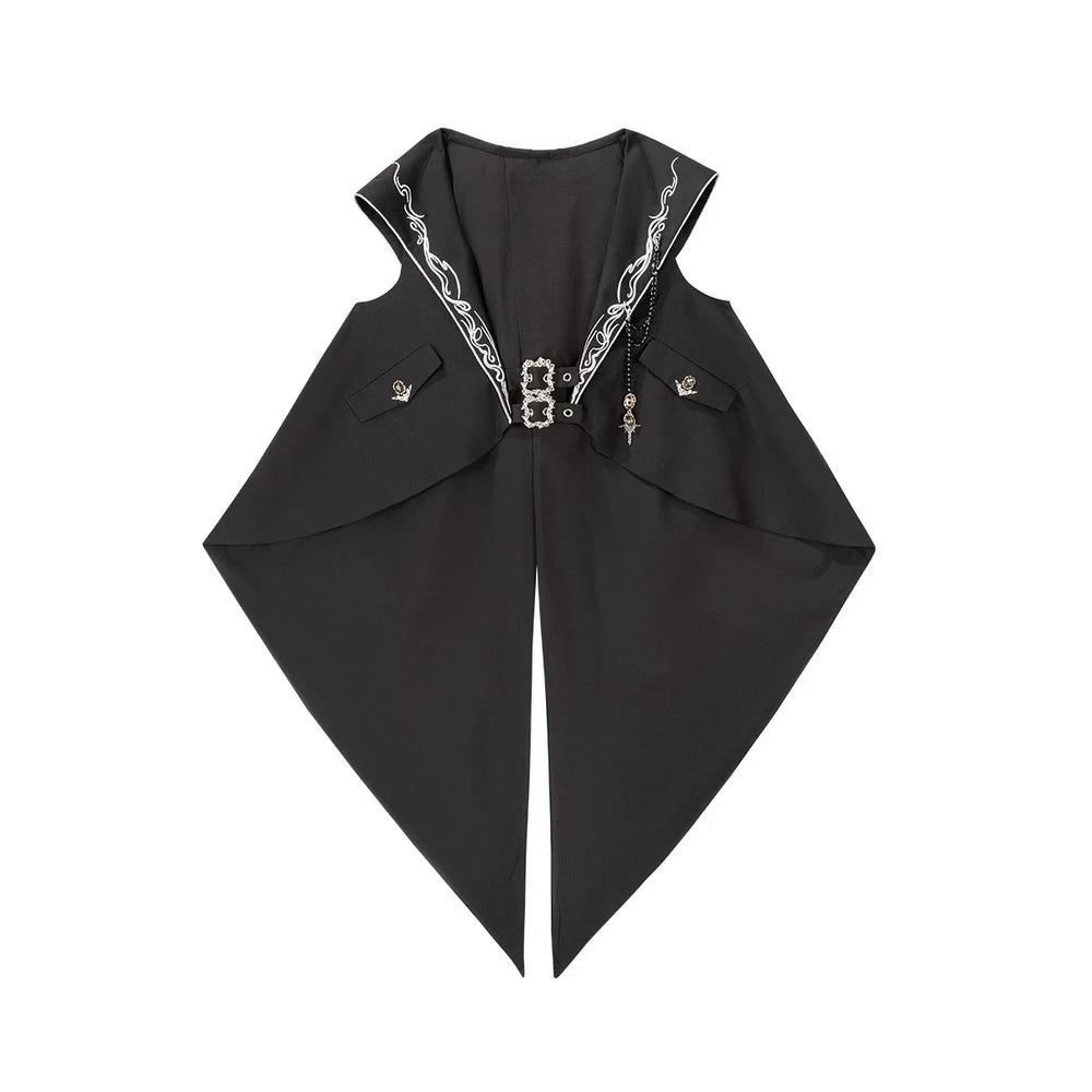 Black hooded vest with bunny-ear details beside a white shirt with a black bat-wing jabot