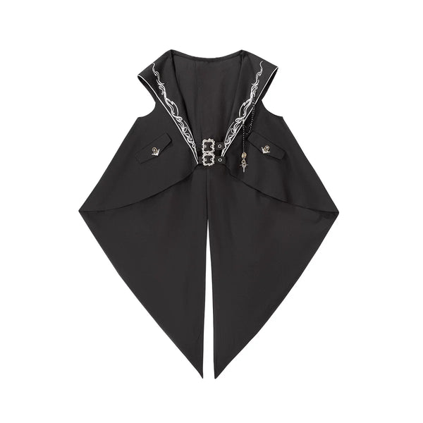 Black hooded vest with bunny-ear details beside a white shirt with a black bat-wing jabot