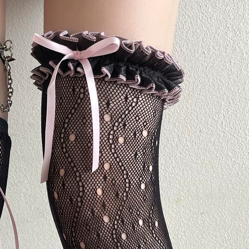 Sock Noble - Dark Sweet Layering - Black-and-Pink Over-the-Knee Lace Stockings with Ballet Lacing