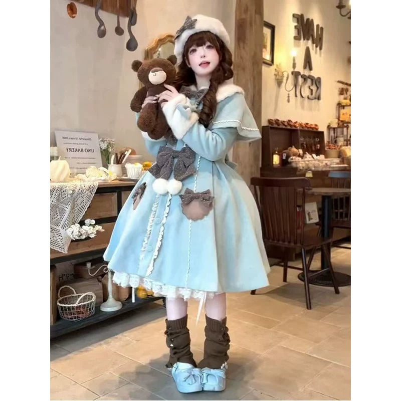 Creamy - Academy Sweet - Pale Blue Lolita Coat and Cape Set with Bow Trim