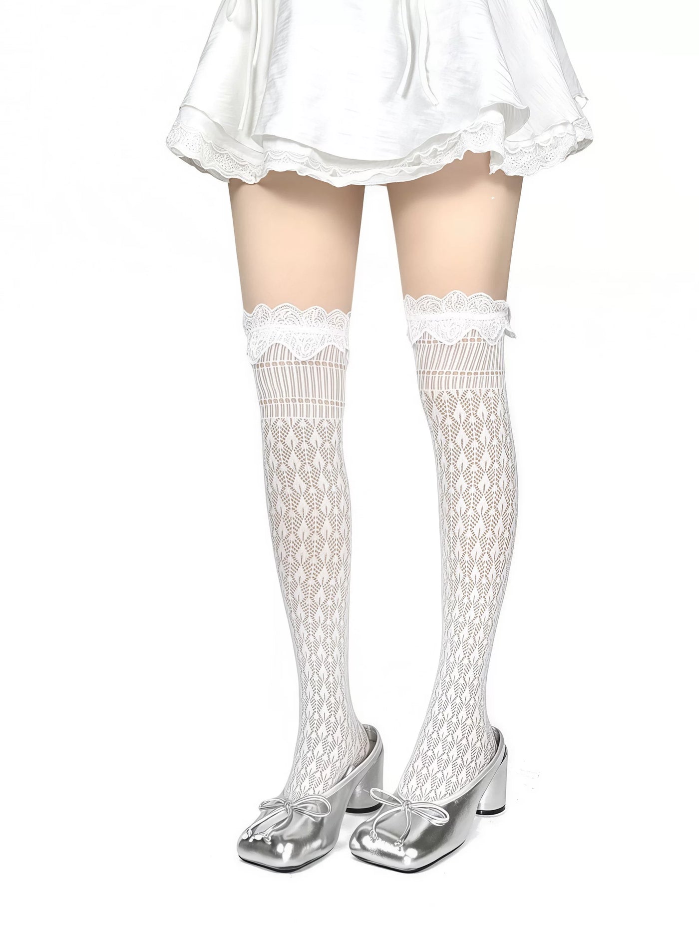 White Socks - Lace Mesh - Over-the-Knee Socks with Scalloped Lace Tops