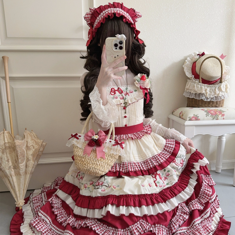 Lady Han Strawberry Basket Sweet JSK Dress by Lolita Fetch, featuring a charming strawberry print and delicate lace details.