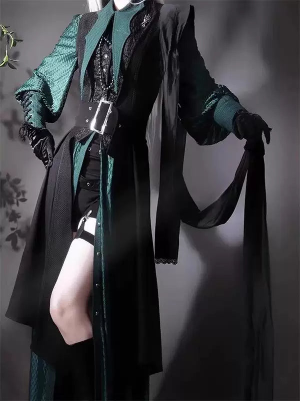 Creamy - Gothic Prince - Green Long Vest and Long Shirt Set with Layered Panels