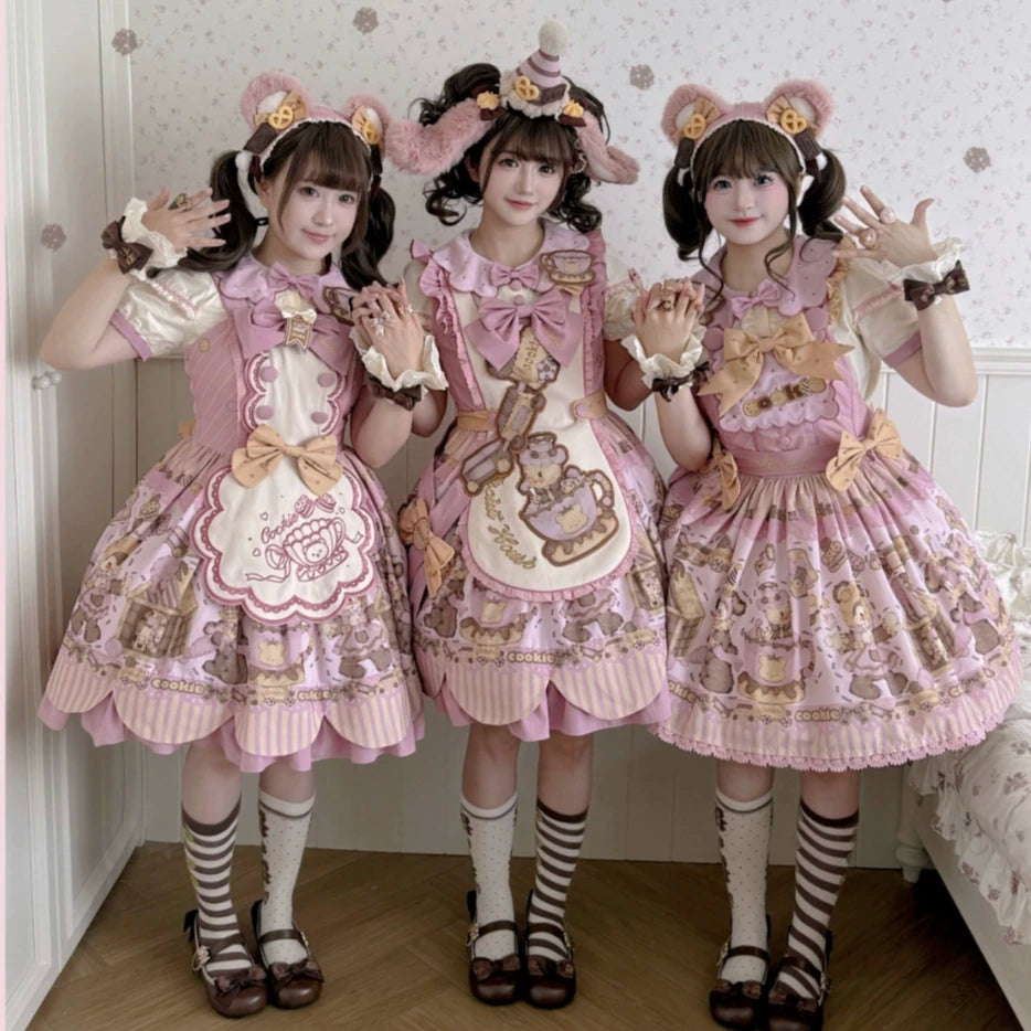 Pink Bear Cub Biscuit Lolita dresses with pastry motifs and bear headbands