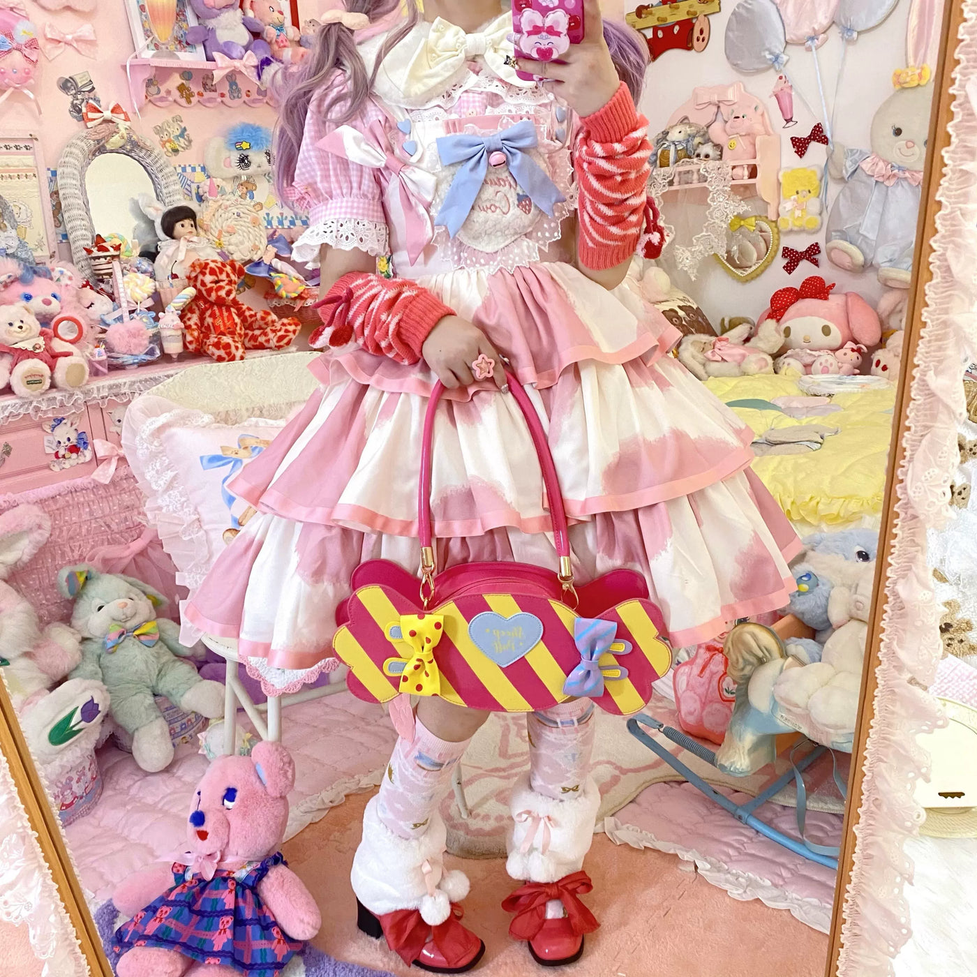 Tata Long Ear - Milk Cake Cow Print - Cow-Print JSK Dress with Three-Section Skirt