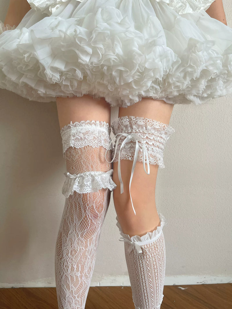 Sock Noble - Layered Lace - Lace Stockings and Thigh Garter Options with Ribbon Ties