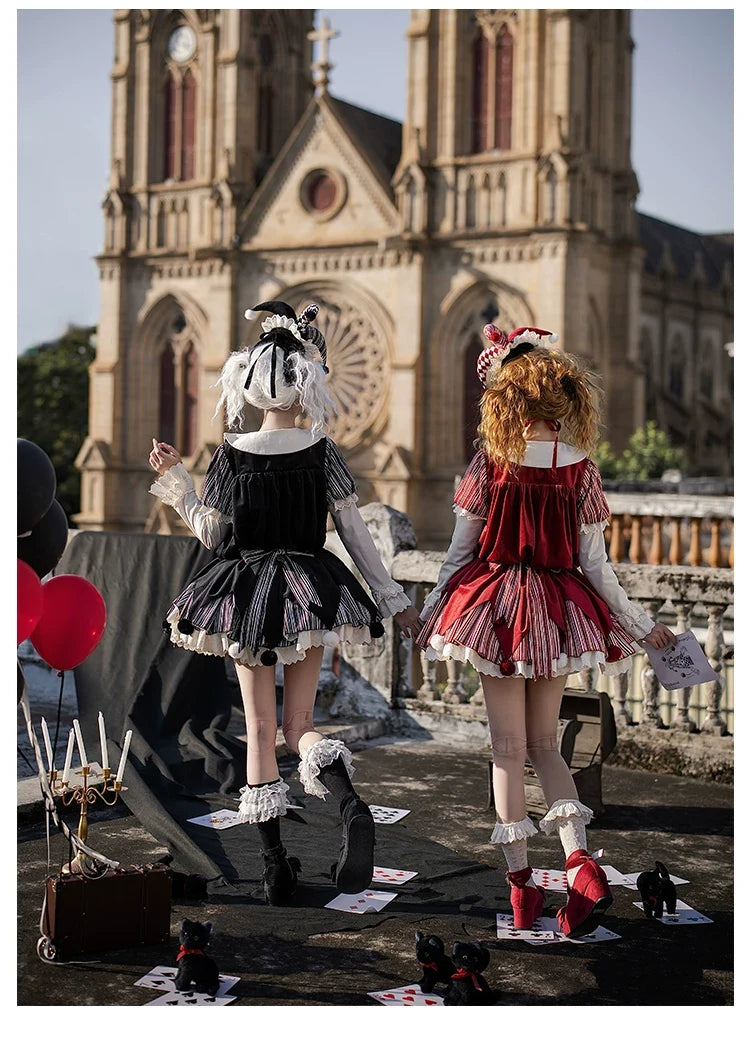 With PUJI - Puppet Mask - Clown Inspired Gothic Lolita OP Dress, Loose Fit