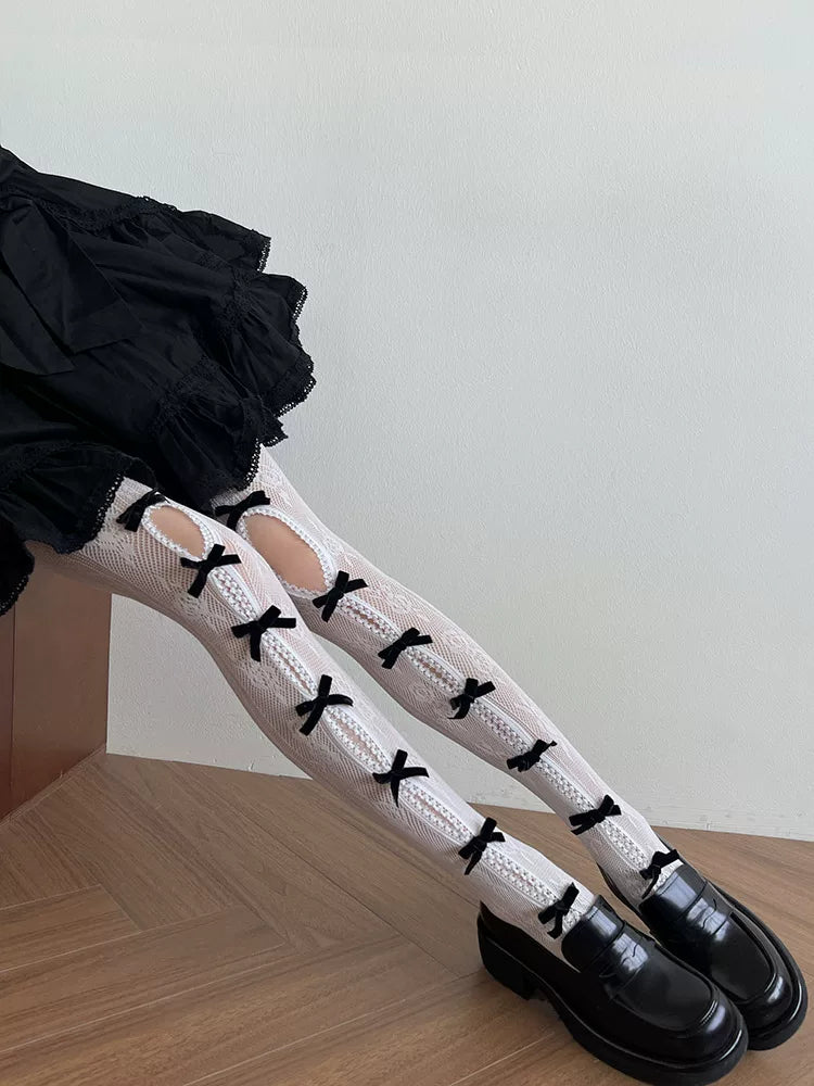 Sock Noble - Bow Lace Cutout - Tights with Openwork Lace Panels
