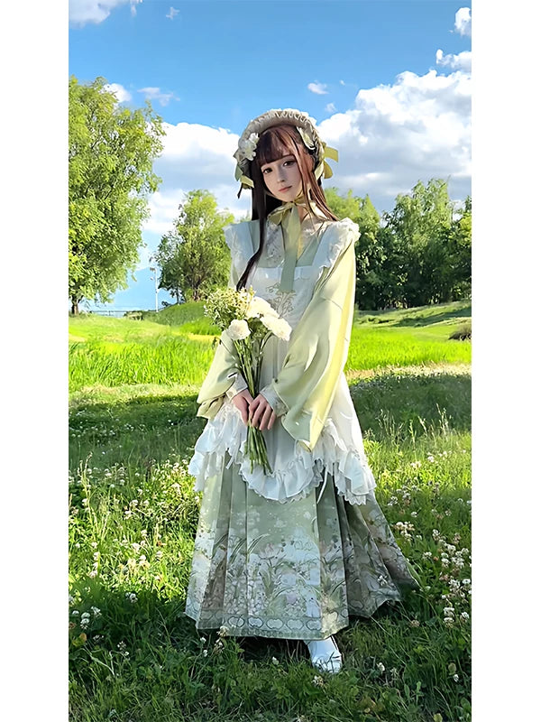 Creamy - Pipa - Green Top and Mamian Skirt Set with Ruffled Skirt Cover