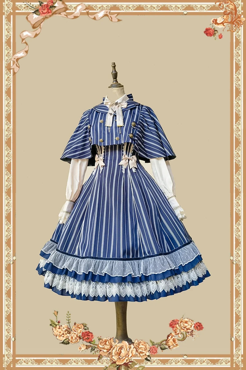 Infanta - Elegant Lolita Stripe High-waist - Jumper Dress Set and Cape SK Skirt