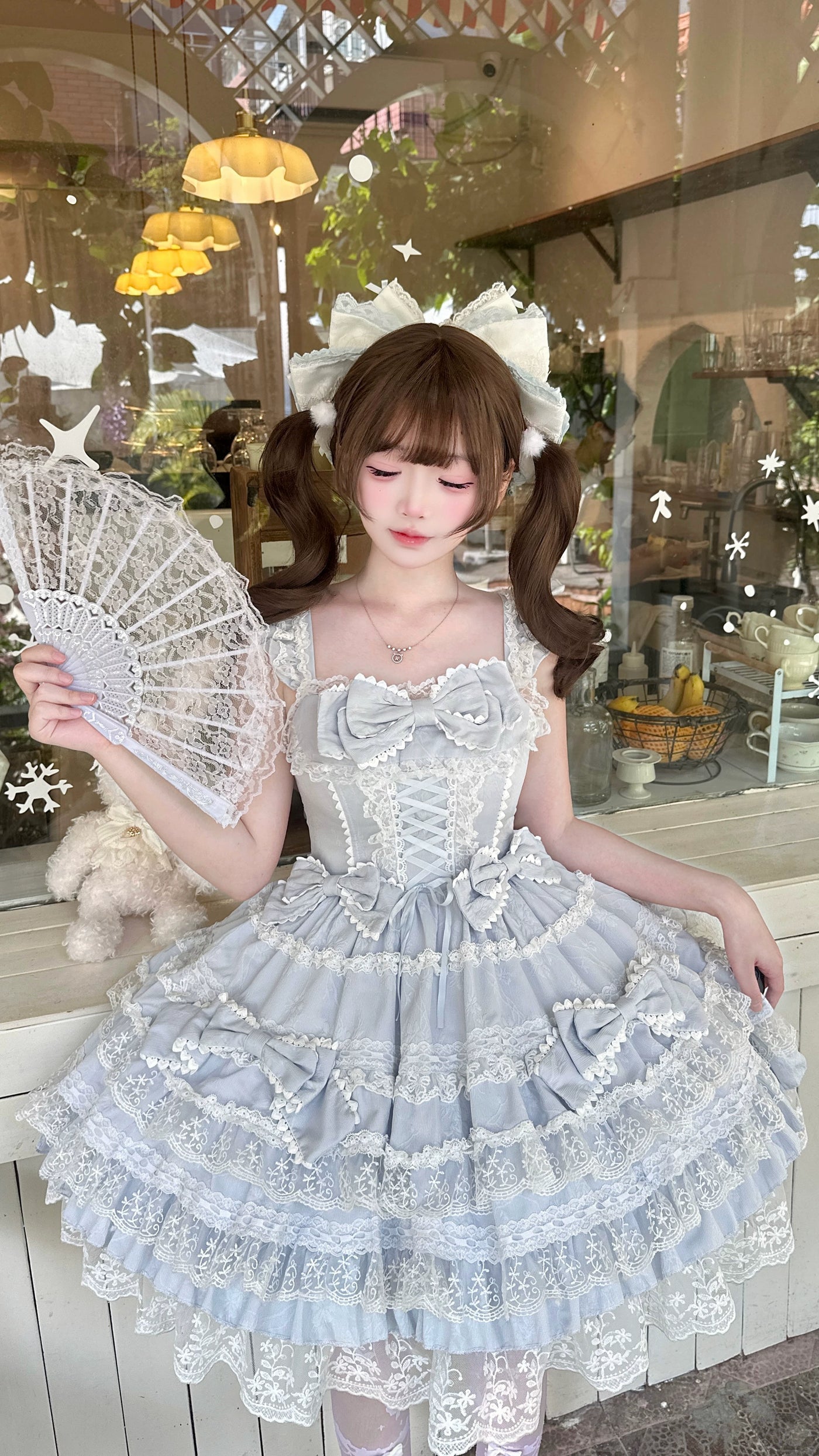 Blue YoYo Sea Salt Guava sweet Lolita JSK with corset front lacing and tiered ruffled skirt