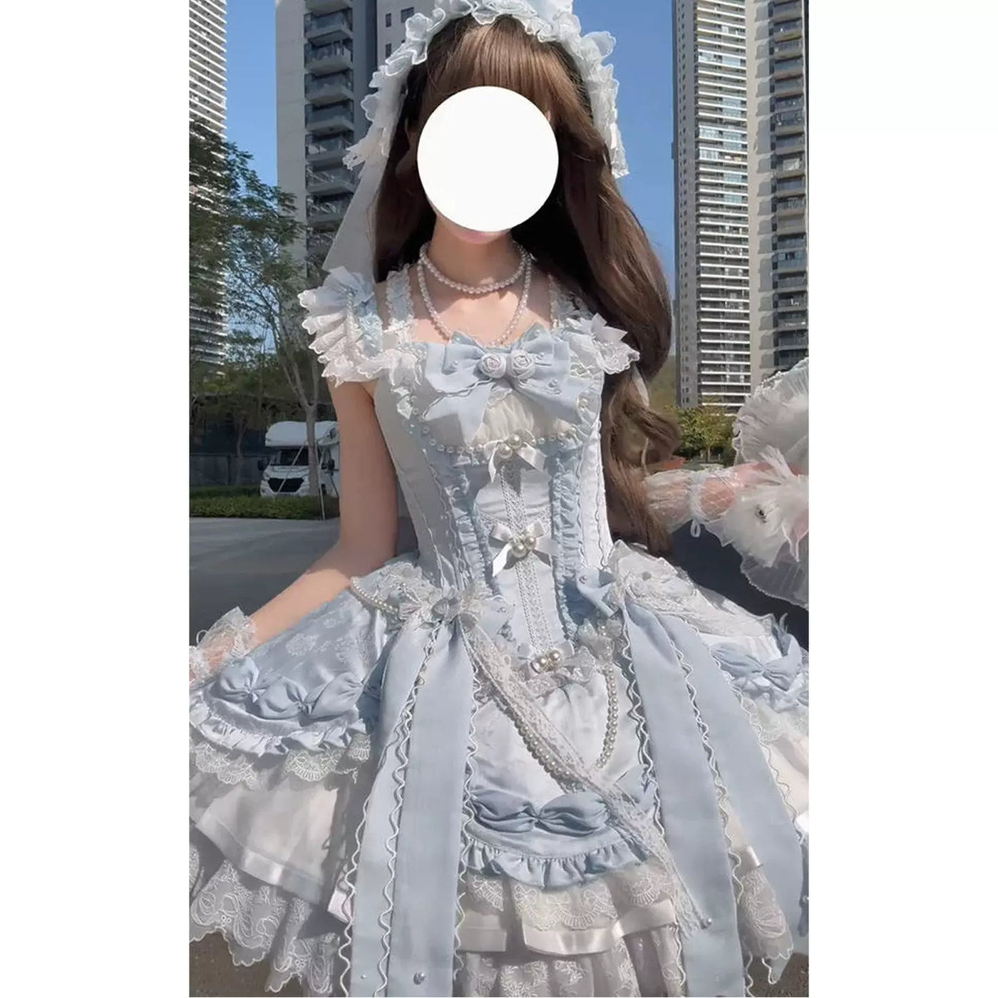 Creamy - Blue Ballet - Blue-and-White Ballet-Style Dress Set with Layered Lace