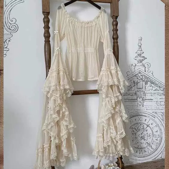 Natural-colour mesh inner top with long tiered ruffle sleeves