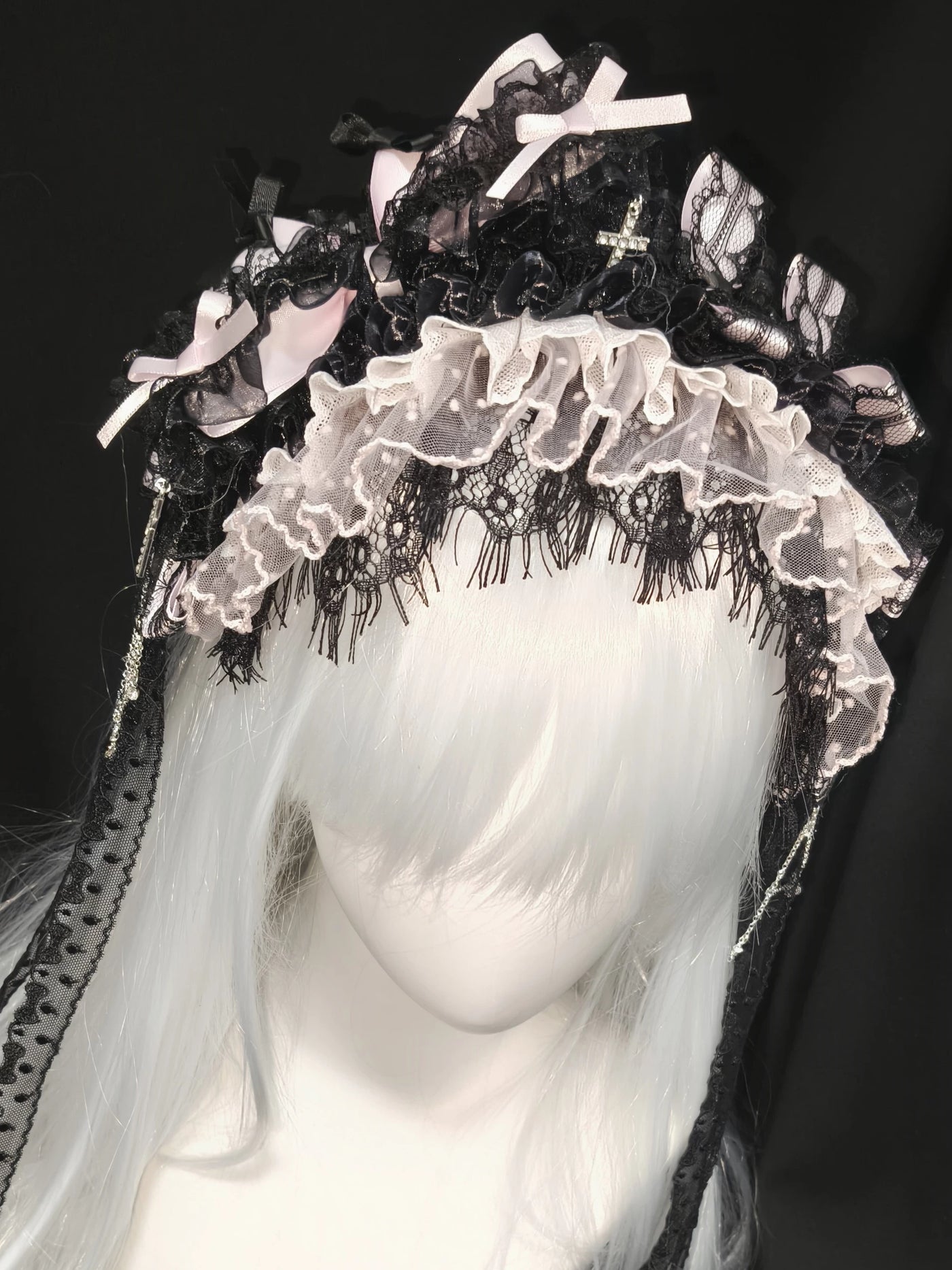 Dokisuru - Cross Lace - Heavily Embellished Lace Hairband with Bows and Cross Accents