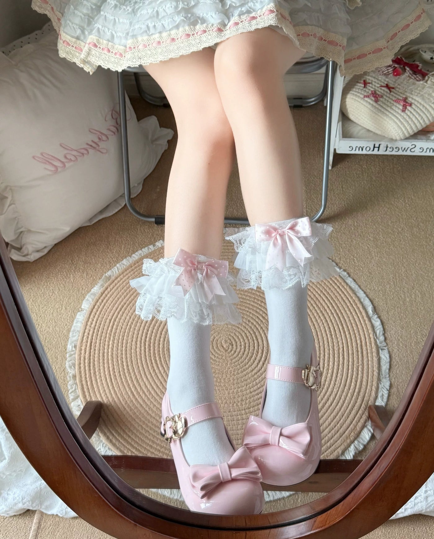 Fantasy Doll - Polka-Dot Ribbon Lace - Mid-Calf Socks with Lace Trim and Bow
