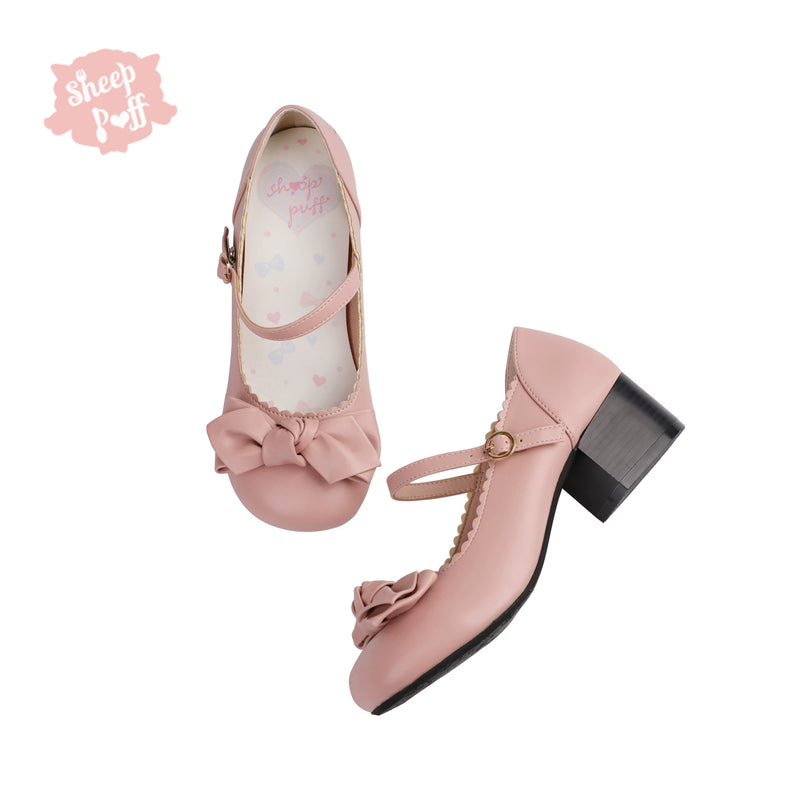 Sheep Puff Sakura Matte Lolita Shoes featuring rounded bows and a soft sheep puff design in a delicate pink shade.