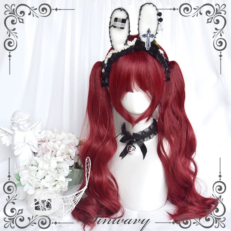 Raspberry-red gothic Lolita twin-tail wig - view 3
