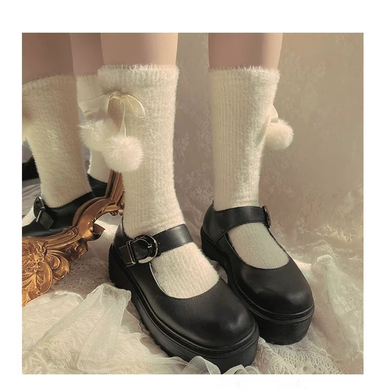 Sock Noble - Snowfield Pompom - Thick mid-calf slouch socks with pom-pom accents