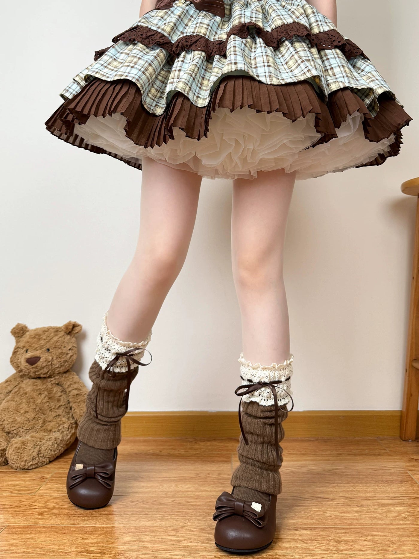 Chubby Bear Tales - Ribboned Coffee - Scrunched Sock Covers with Lace Cuffs