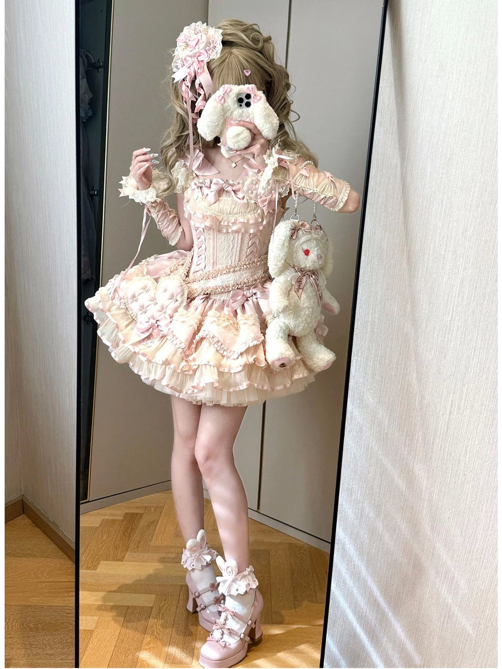 Creamy pink JSK dress with ribbon sash and large heart accent