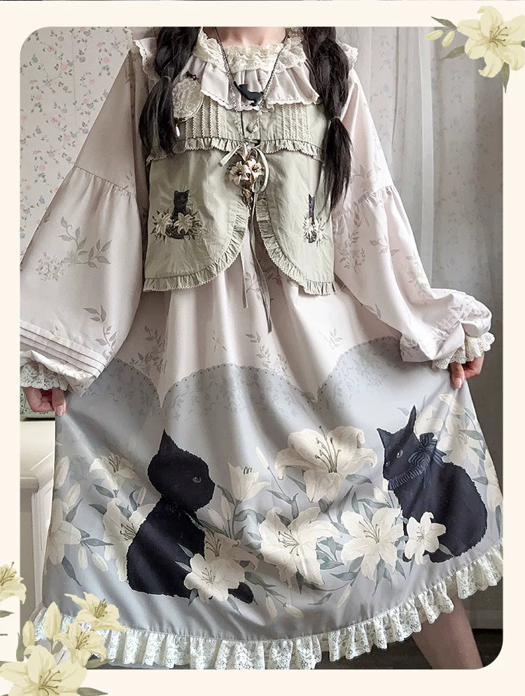 GZYRZ - Black Cat and Lily - Lolita fashion set with black cat and lily motifs