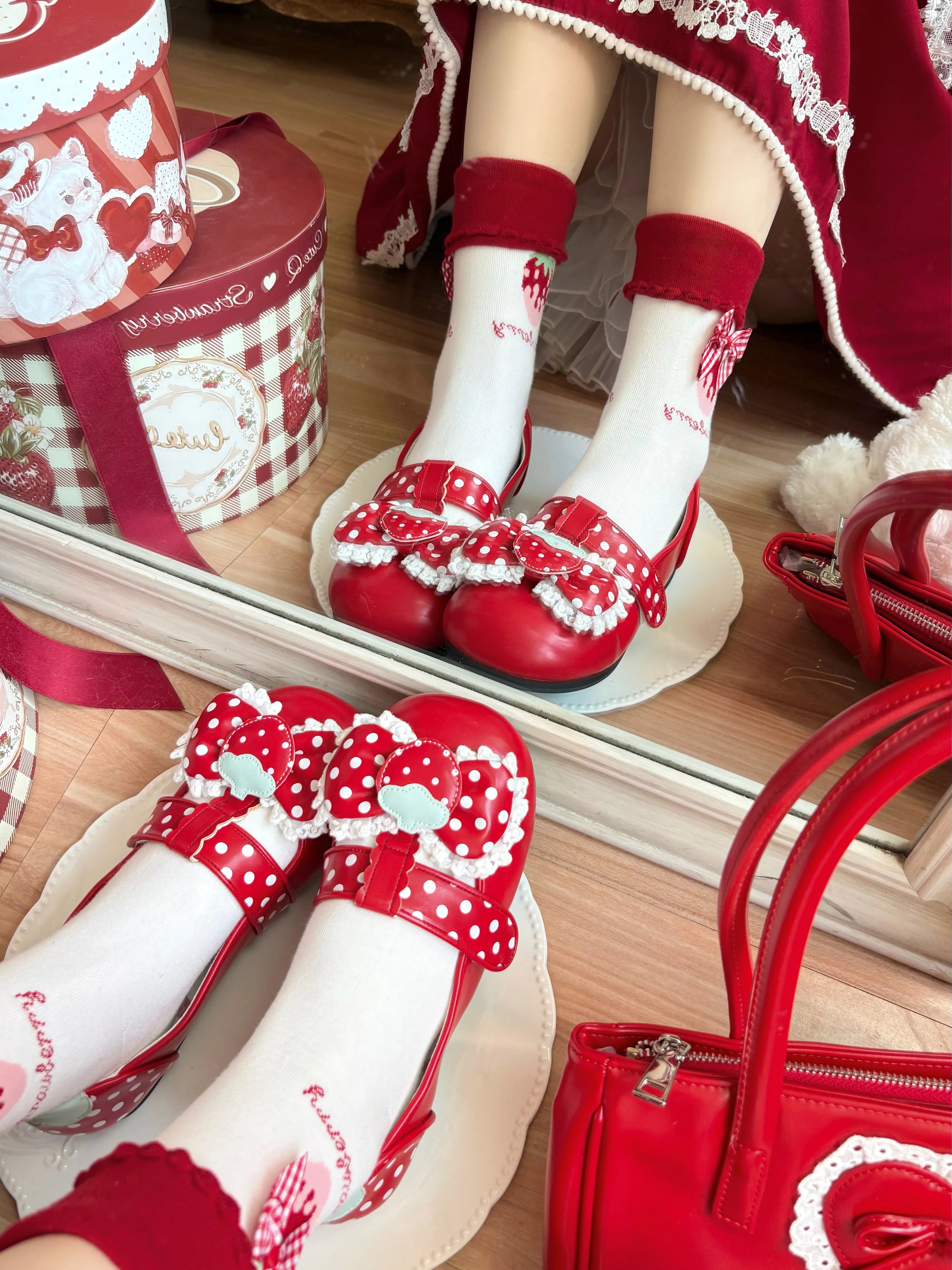 Sheep Puff Strawberry Dango Low Heel Lolita Shoes with cute pink and white dango design and comfortable low heel for stylish wear.