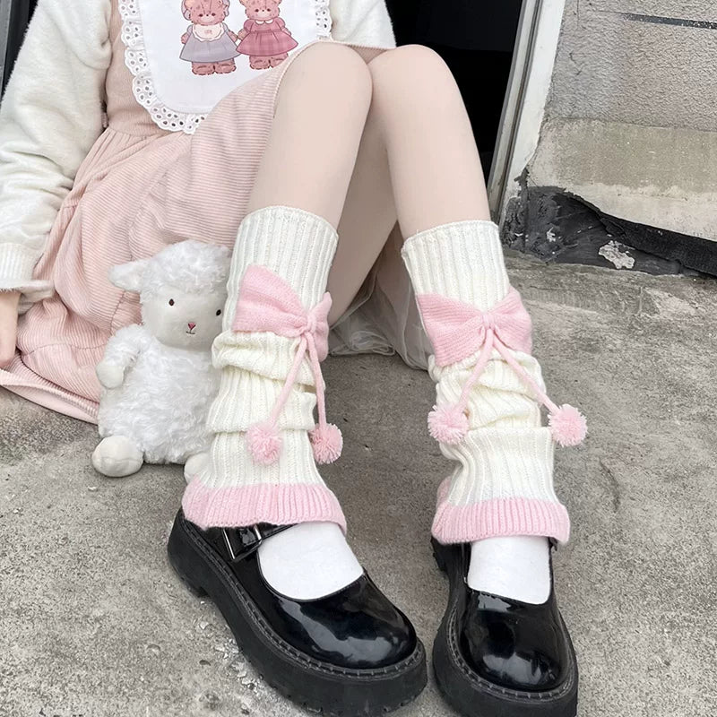 Floral Milk Cat - Bow Pom-Pom - Calf-Length Knit Slouch Socks with Lettuce Edges