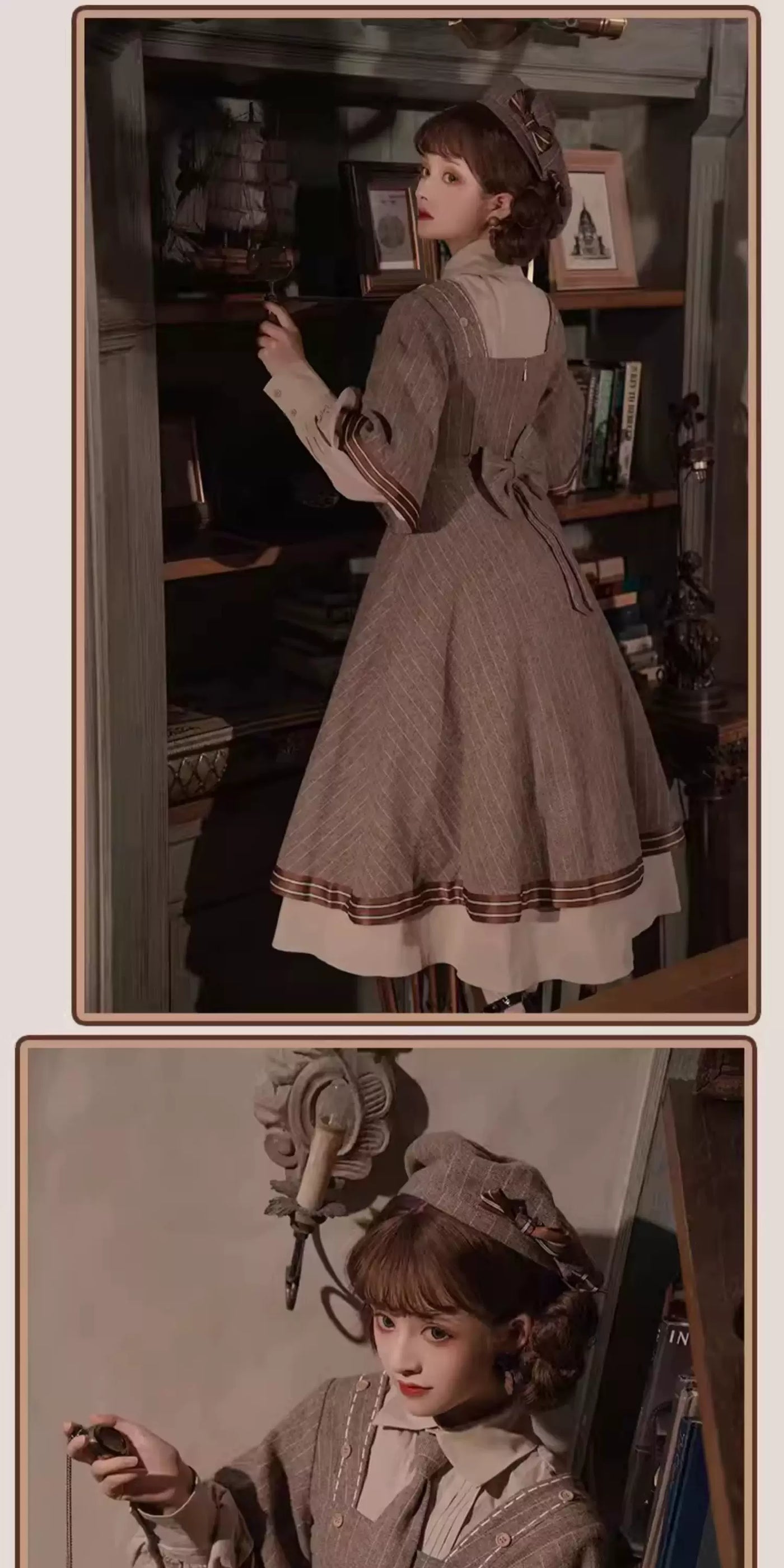 Baozi Pig - Detective Era - One-Piece Dress and Woolen Coat Set with Pinstripes