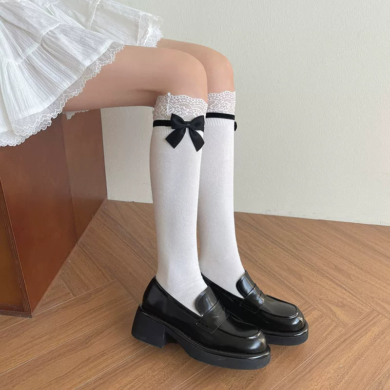 Sock Noble - Lace Bow - Cotton Mid-Calf Slouch Socks with Lace Cuffs